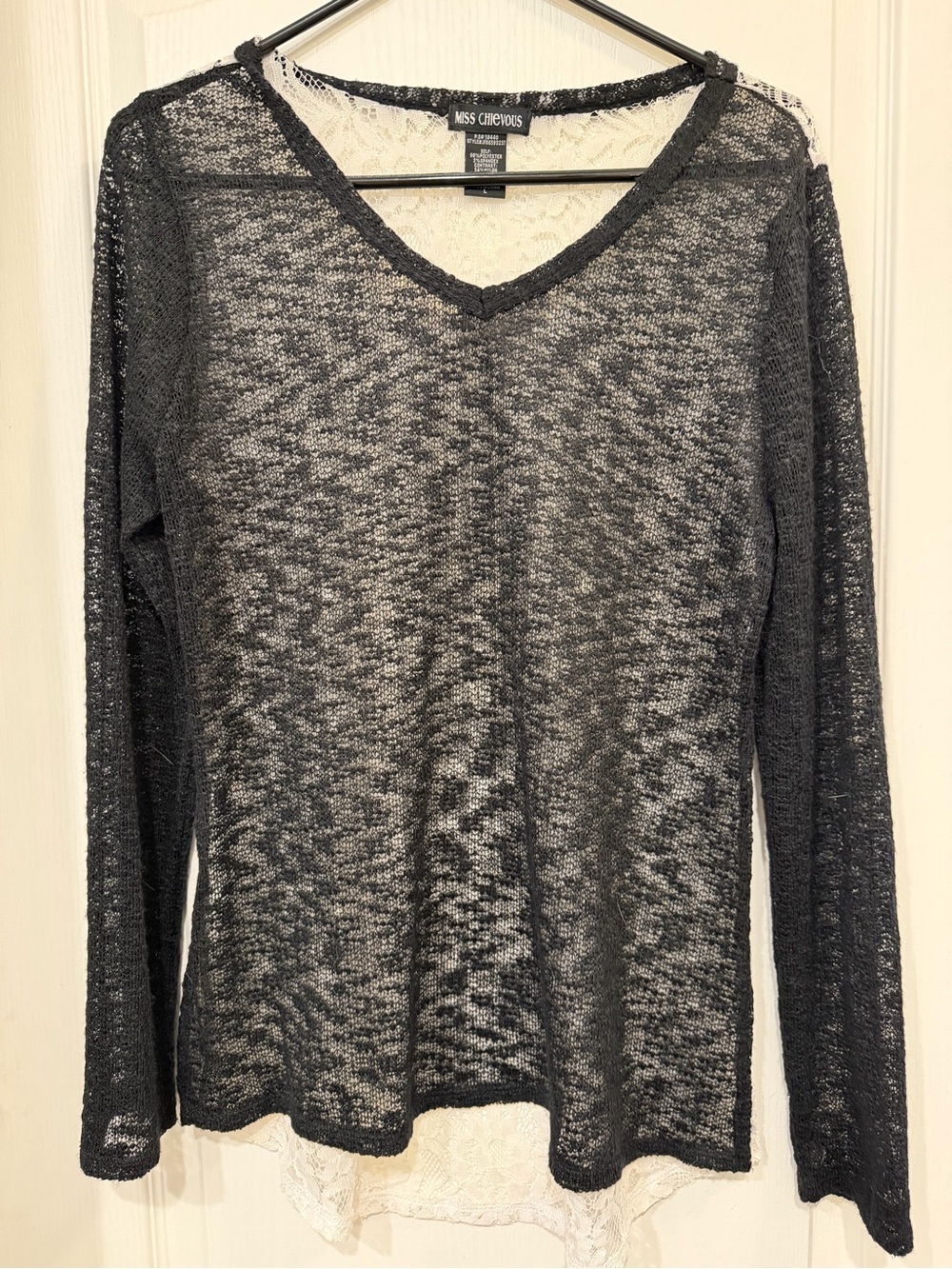 Miss Chievous L Black Sheer Knit Ivory Lace Back Hi-Low Hem Boho Top
